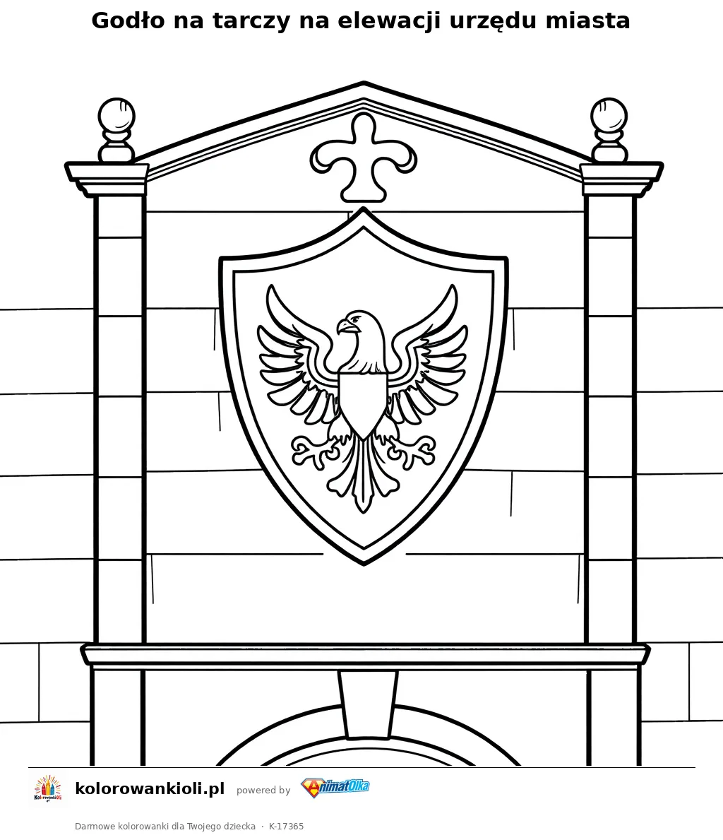 Godło na tarczy na elewacji urzędu miasta — kolorowanka do wydruku dla dzieci