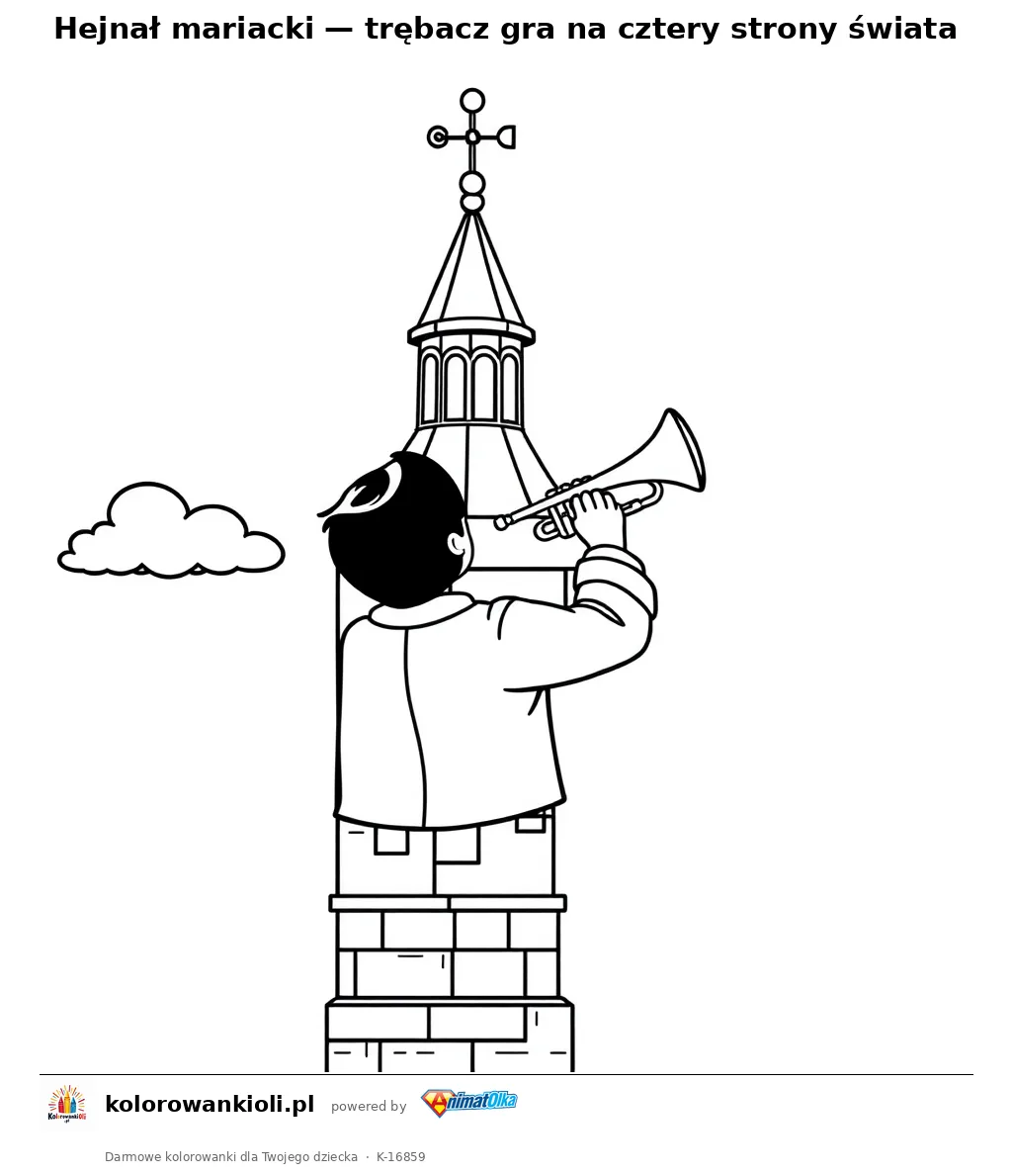 Hejnał mariacki — trębacz gra na cztery strony świata — kolorowanka do wydruku dla dzieci