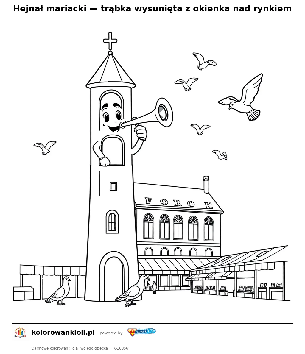 Hejnał mariacki — trąbka wysunięta z okienka nad rynkiem — kolorowanka do wydruku dla dzieci