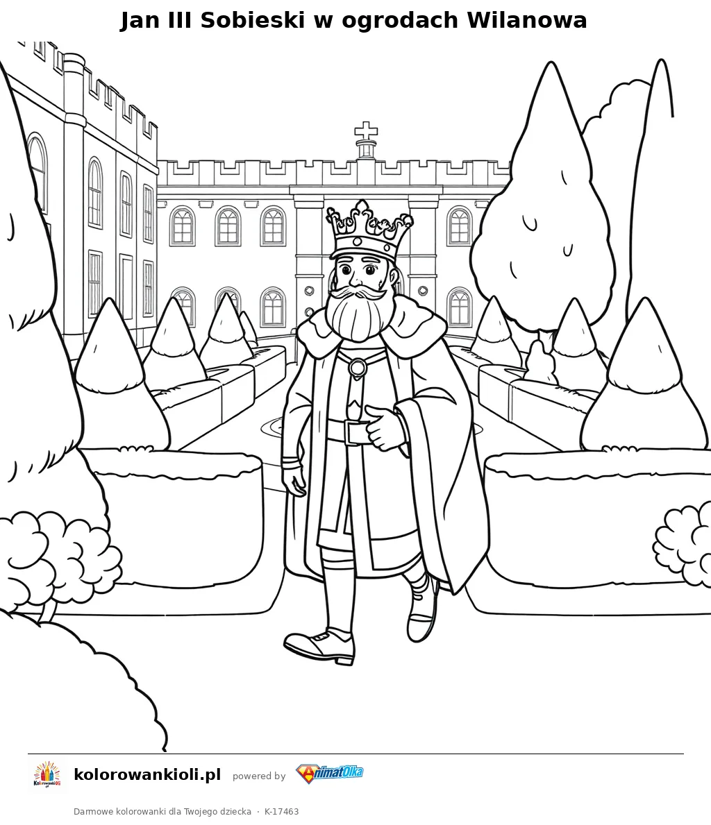 Jan III Sobieski w ogrodach Wilanowa — kolorowanka do wydruku dla dzieci