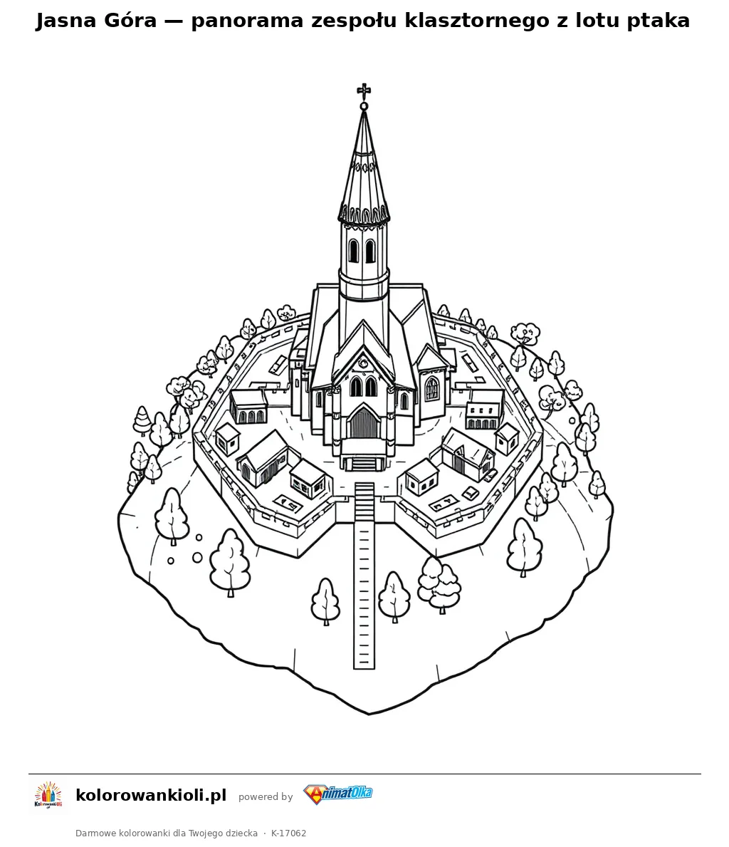 Jasna Góra — panorama zespołu klasztornego z lotu ptaka — kolorowanka do wydruku dla dzieci
