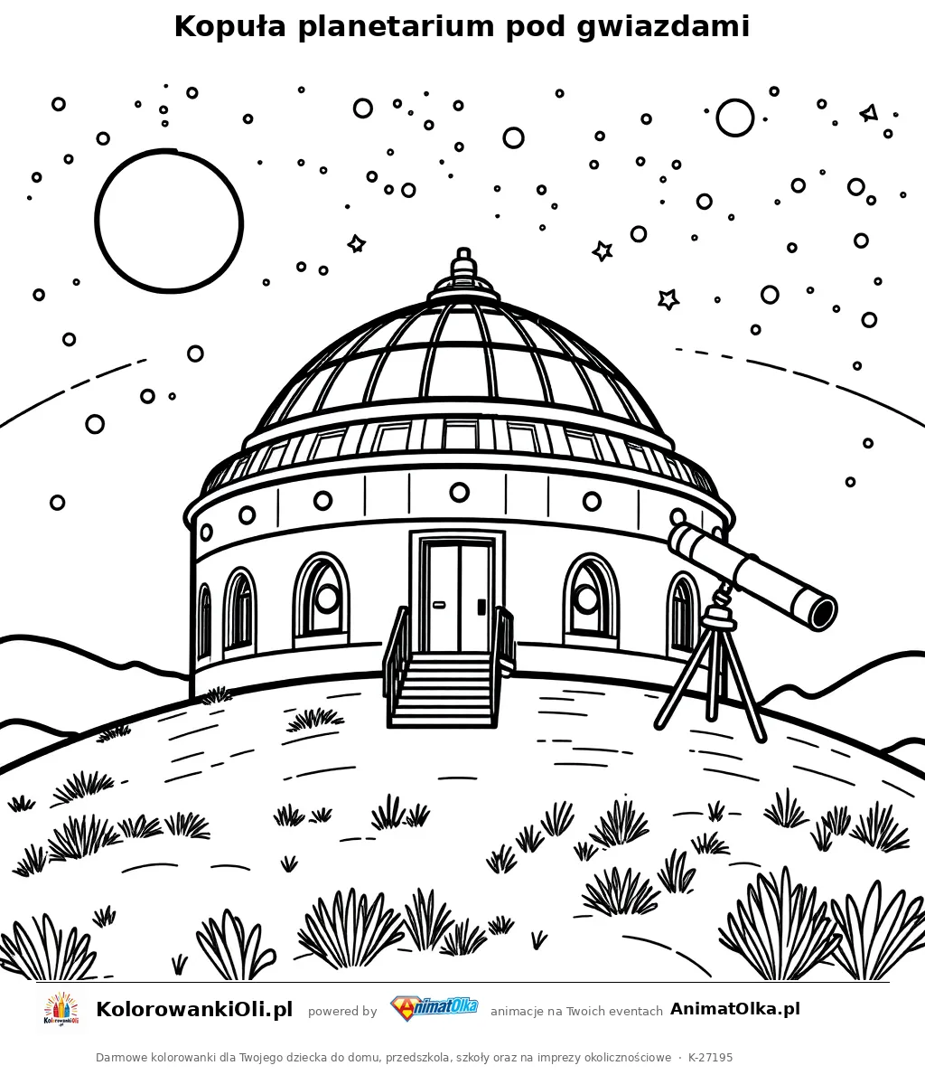Kopuła planetarium pod gwiazdami — kolorowanka o Śląsku dla dzieci do wydruku