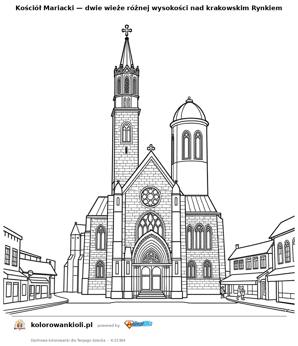 Kościół Mariacki — dwie wieże różnej wysokości nad krakowskim Rynkiem — kolorowanka do wydruku dla dzieci