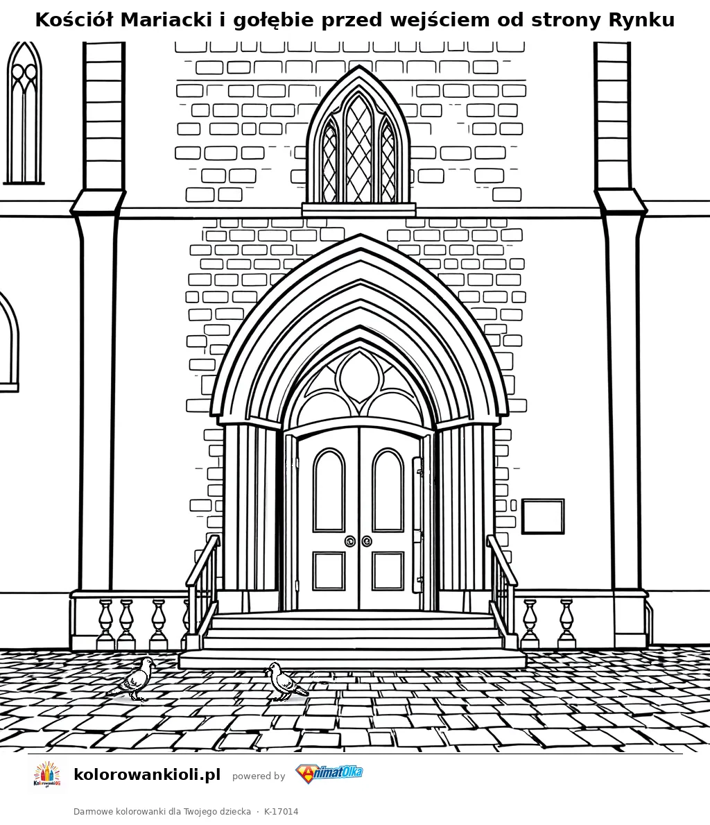 Kościół Mariacki i gołębie przed wejściem od strony Rynku — kolorowanka do wydruku dla dzieci