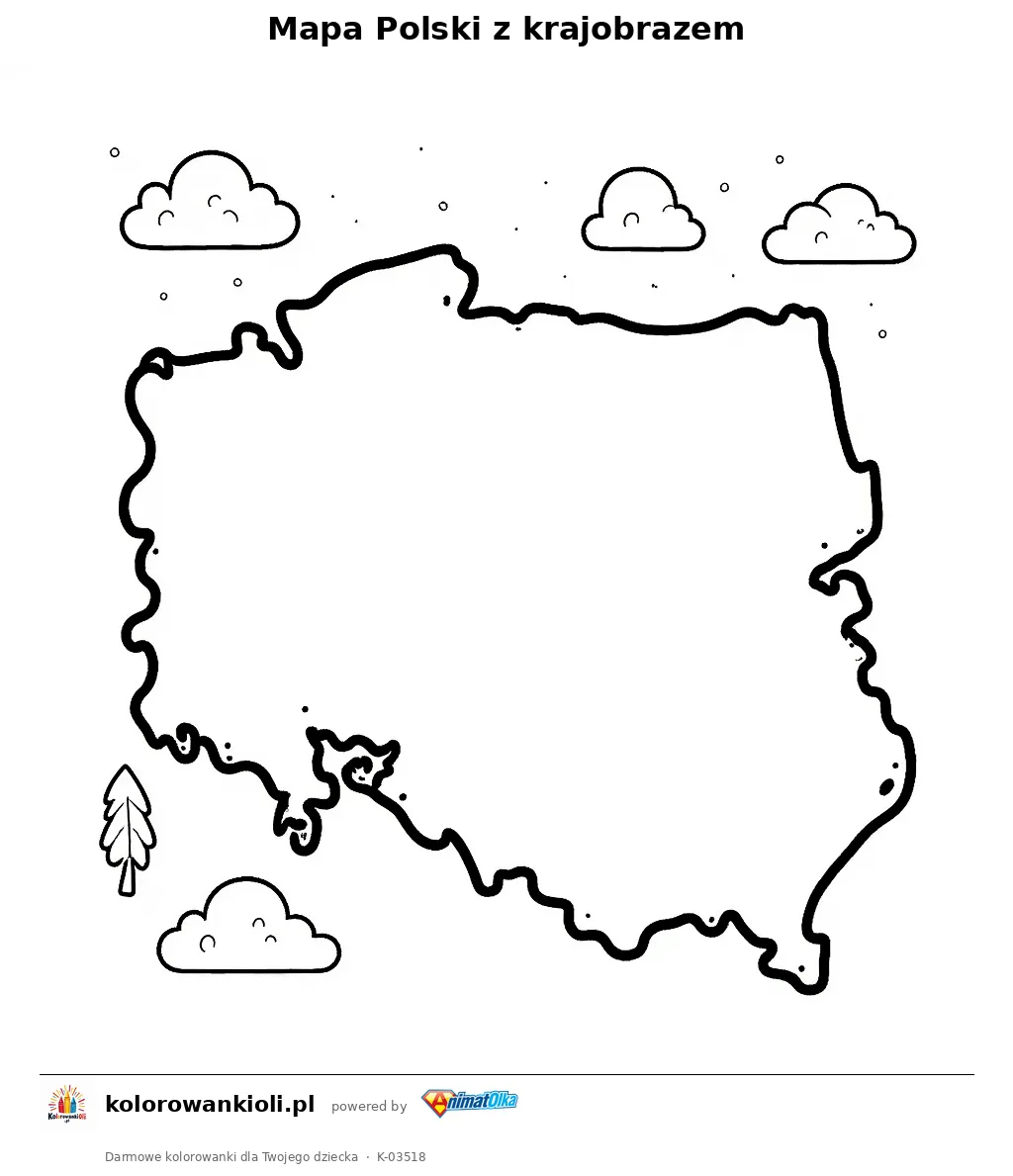 Mapa Polski z krajobrazem — kolorowanka do wydruku dla dzieci