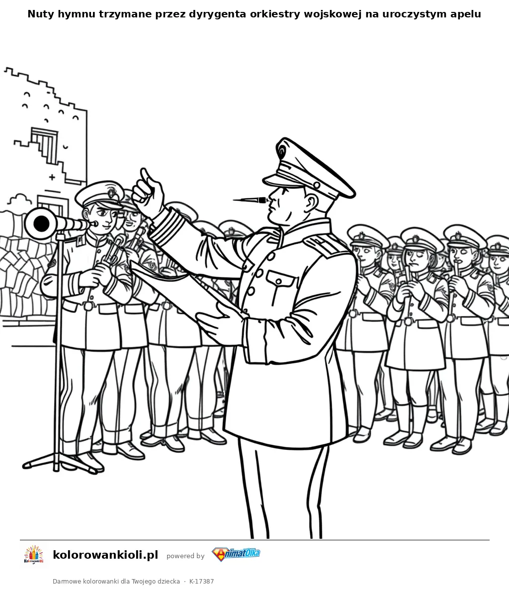 Nuty hymnu trzymane przez dyrygenta orkiestry wojskowej na uroczystym apelu — kolorowanka do wydruku dla dzieci