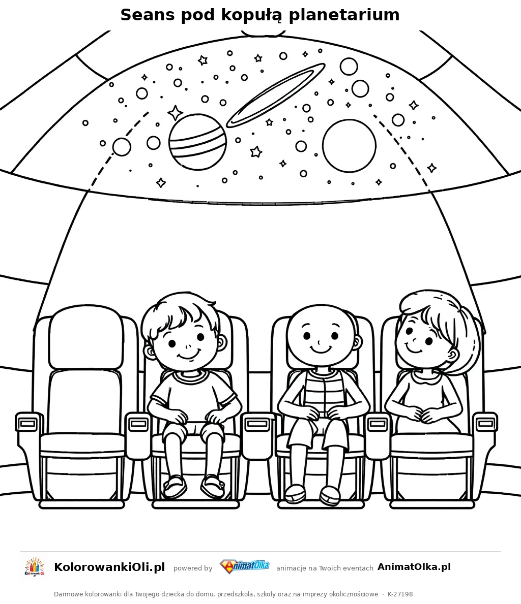 Seans pod kopułą planetarium — kolorowanka o Śląsku dla dzieci do wydruku