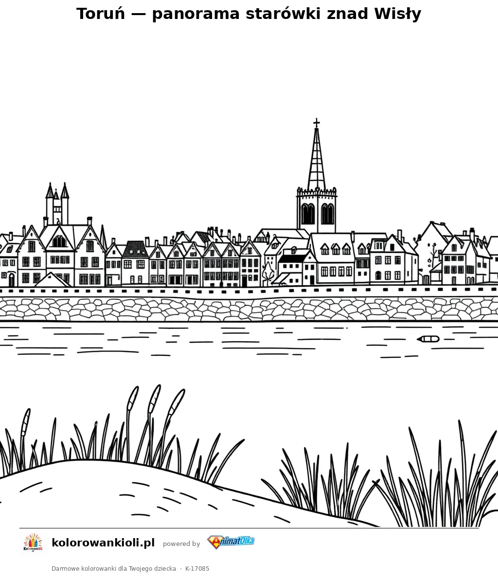 Toruń — panorama starówki znad Wisły — kolorowanka do wydruku dla dzieci