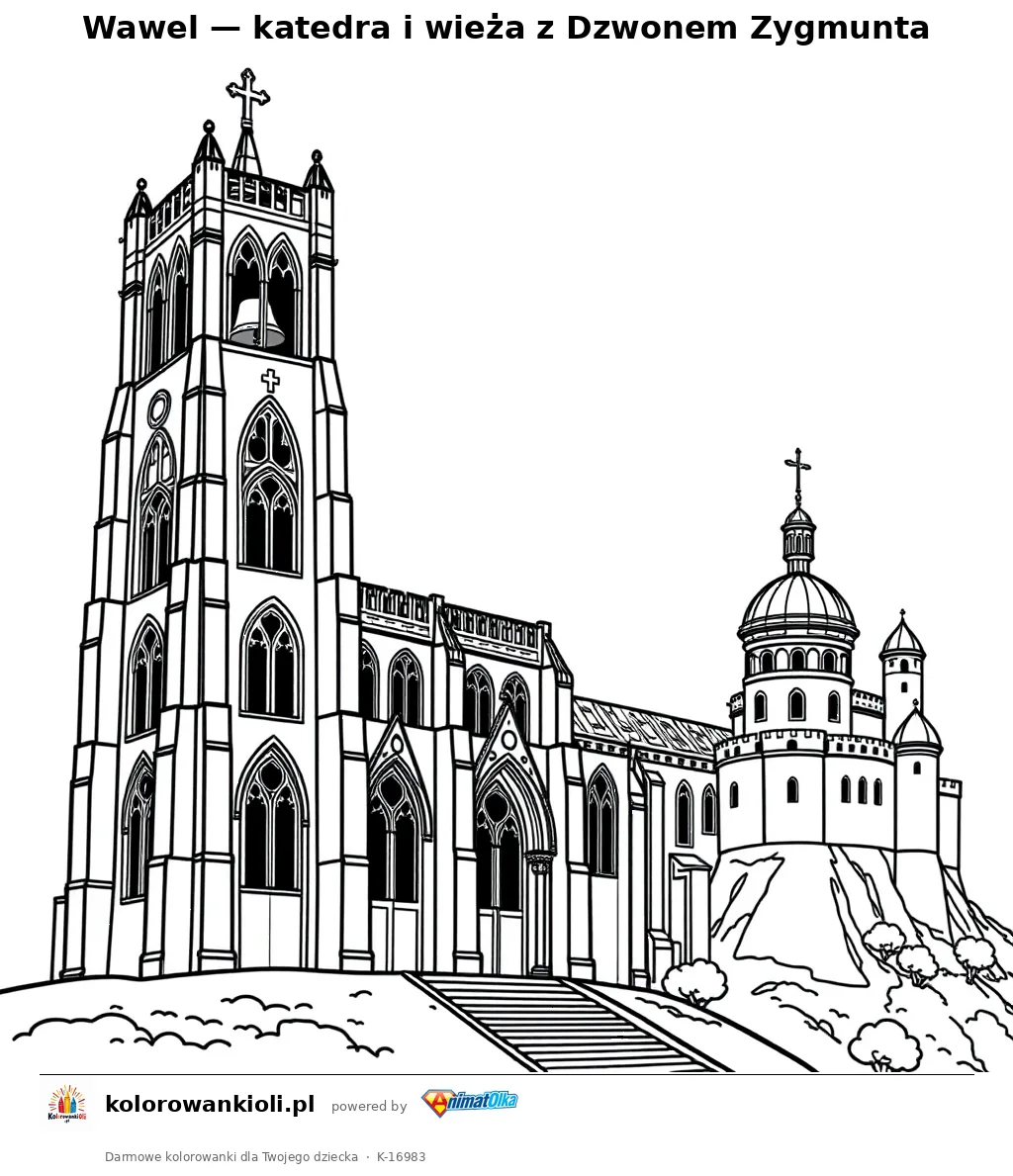 Wawel — katedra i wieża z Dzwonem Zygmunta — kolorowanka do wydruku dla dzieci