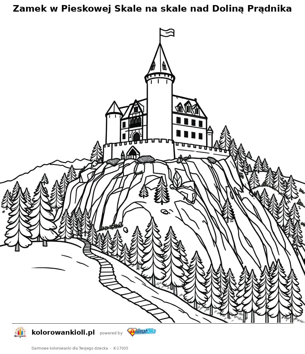 Zamek w Pieskowej Skale na skale nad Doliną Prądnika — kolorowanka do wydruku dla dzieci