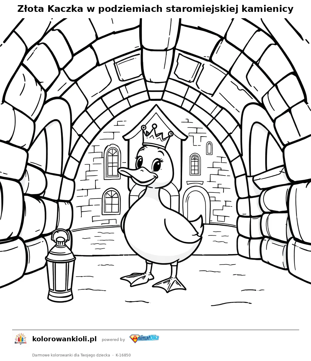 Złota Kaczka w podziemiach staromiejskiej kamienicy — kolorowanka do wydruku dla dzieci