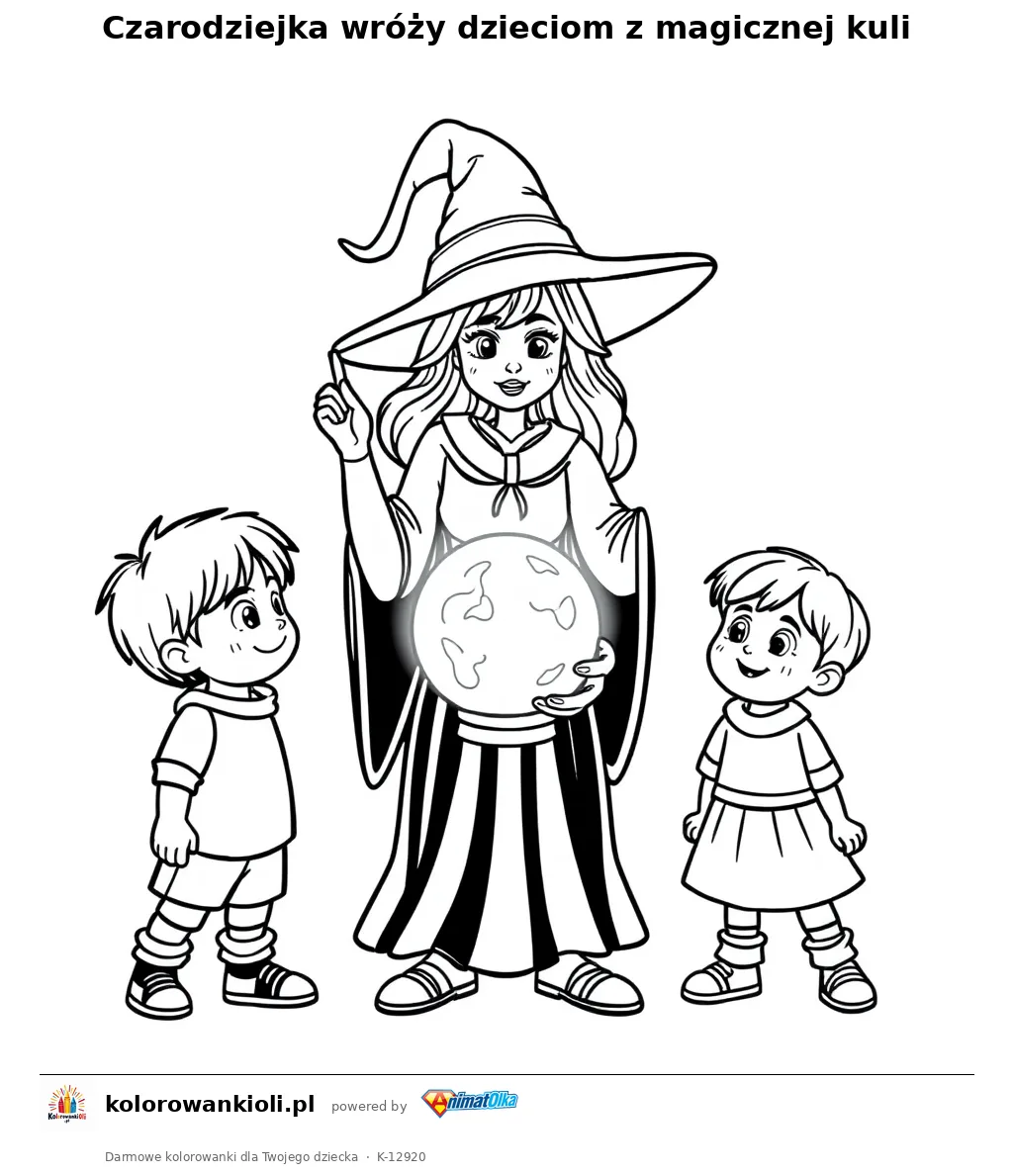 Czarodziejka wróży dzieciom z magicznej kuli — kolorowanka do wydruku dla dzieci