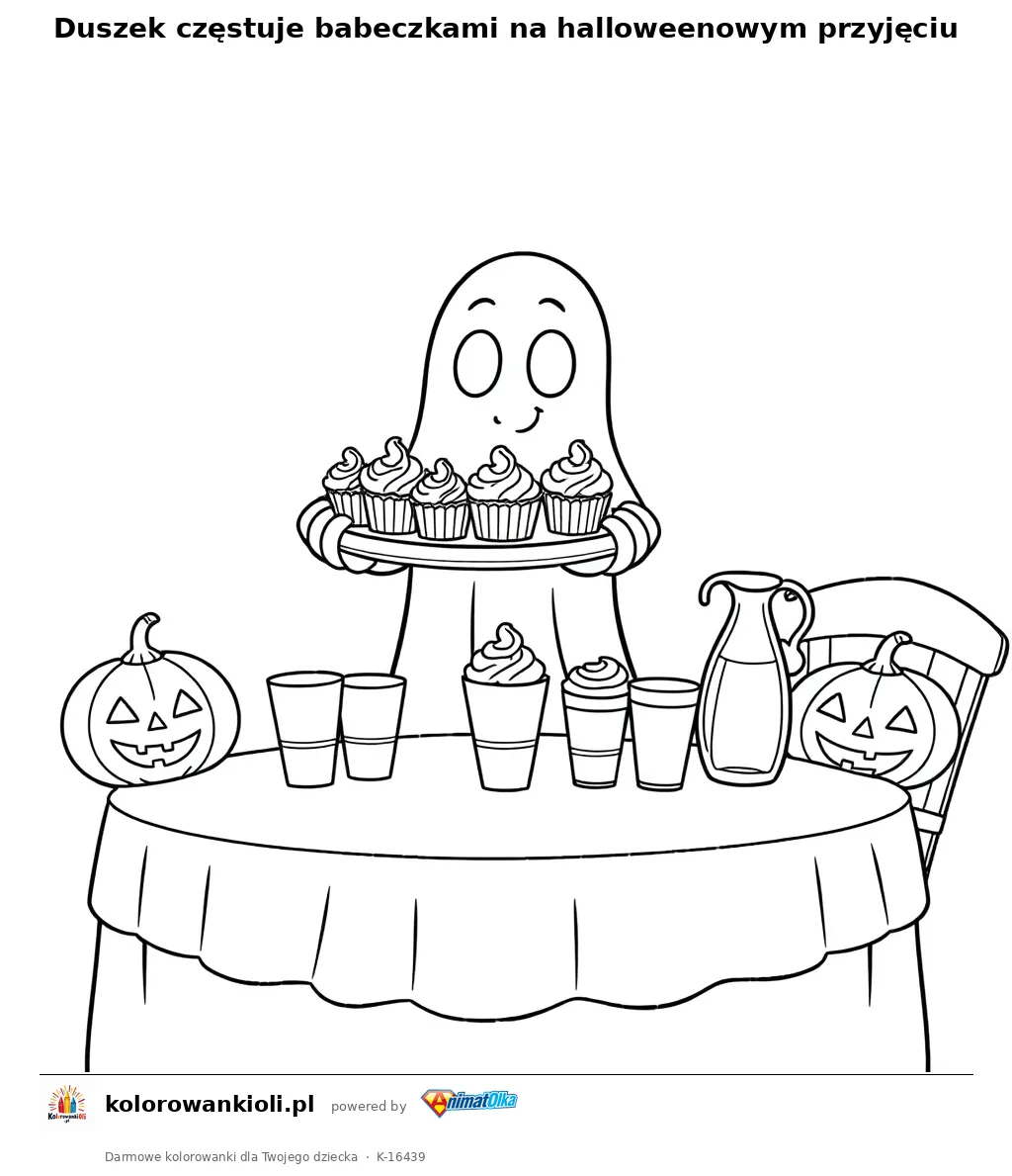 Duszek częstuje babeczkami na halloweenowym przyjęciu — kolorowanka do wydruku dla dzieci