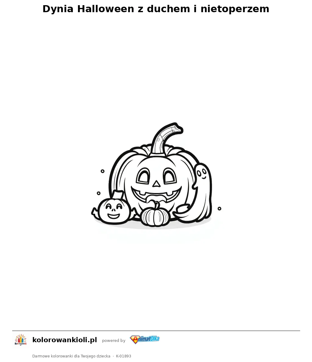 Dynia Halloween z duchem i nietoperzem — kolorowanka do wydruku dla dzieci