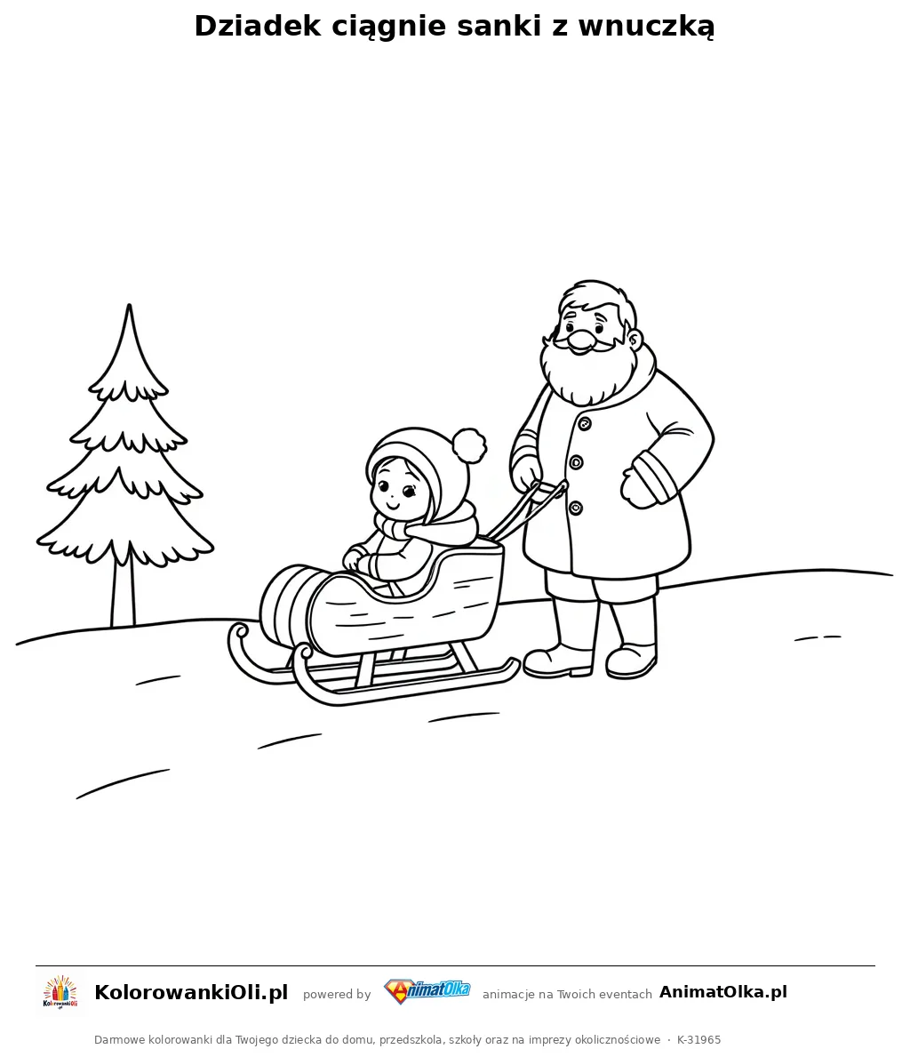 Dziadek ciągnie sanki z wnuczką — kolorowanka na Dzień Babci i Dziadka do wydruku