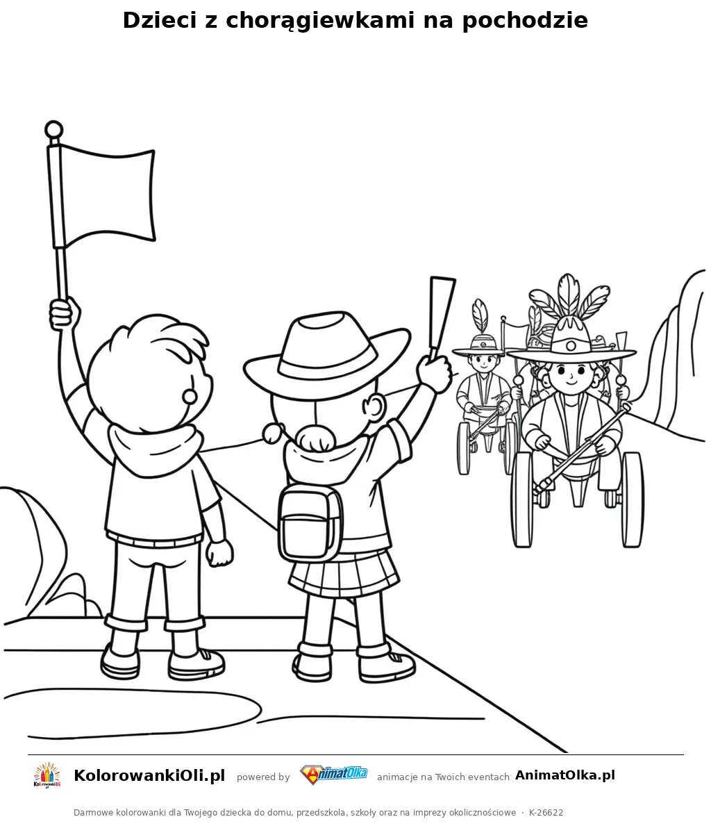 Dzieci z chorągiewkami na pochodzie — kolorowanka na Barbórkę i Dzień Górnika do wydruku