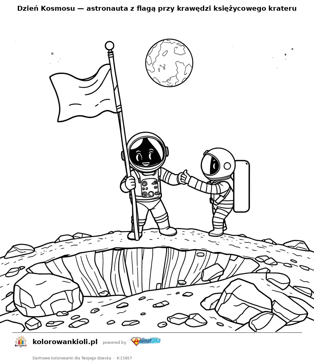 Dzień Kosmosu — astronauta z flagą przy krawędzi księżycowego krateru — kolorowanka do wydruku dla dzieci