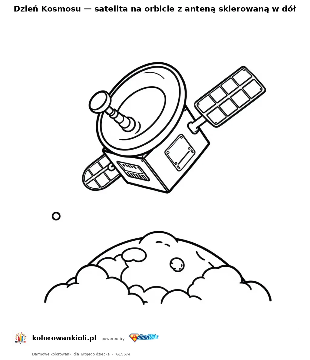 Dzień Kosmosu — satelita na orbicie z anteną skierowaną w dół — kolorowanka do wydruku dla dzieci