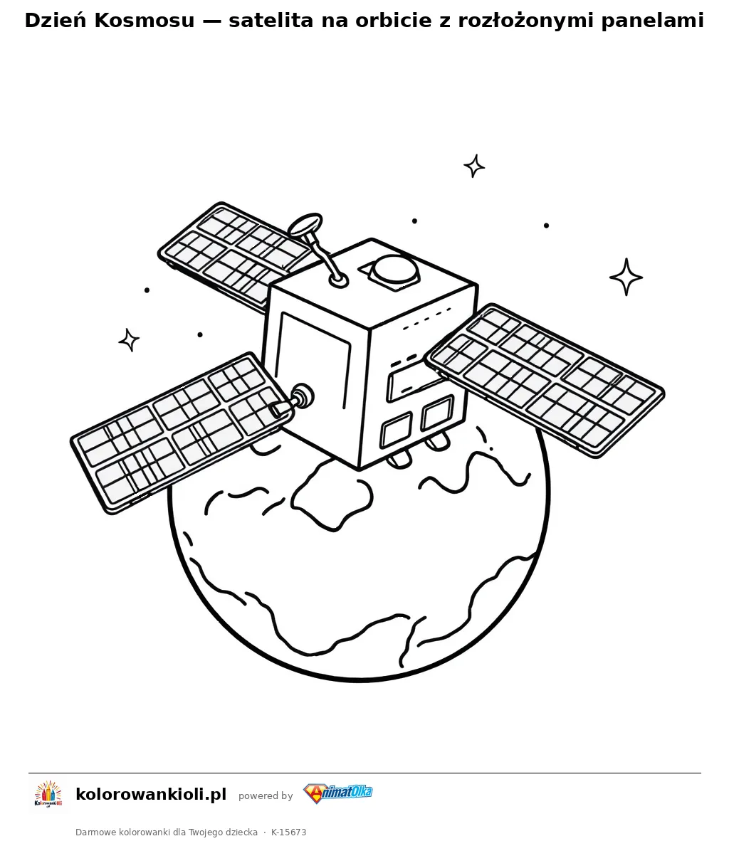 Dzień Kosmosu — satelita na orbicie z rozłożonymi panelami — kolorowanka do wydruku dla dzieci