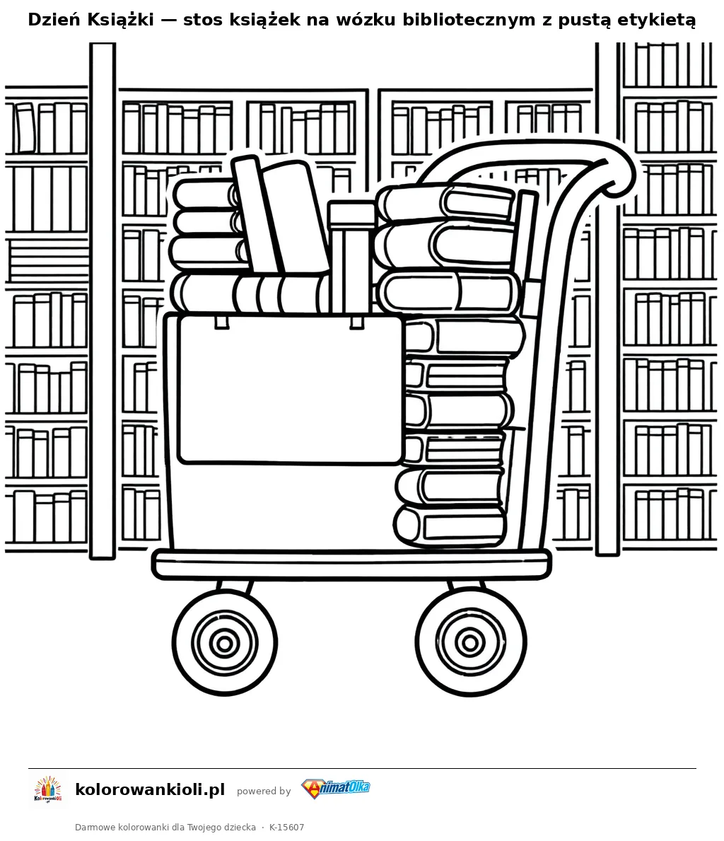 Dzień Książki — stos książek na wózku bibliotecznym z pustą etykietą — kolorowanka do wydruku dla dzieci