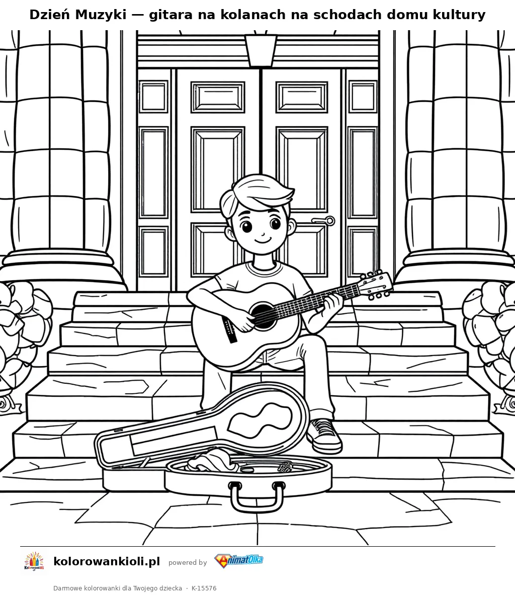 Dzień Muzyki — gitara na kolanach na schodach domu kultury — kolorowanka do wydruku dla dzieci