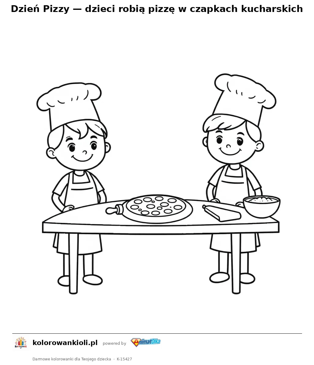 Dzień Pizzy — dzieci robią pizzę w czapkach kucharskich — kolorowanka do wydruku dla dzieci