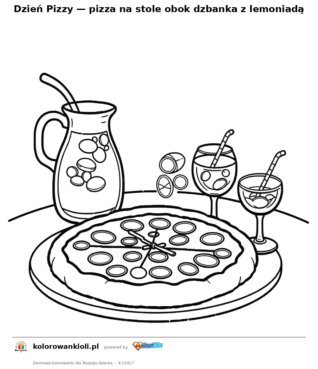 Dzień Pizzy — pizza na stole obok dzbanka z lemoniadą — kolorowanka do wydruku dla dzieci