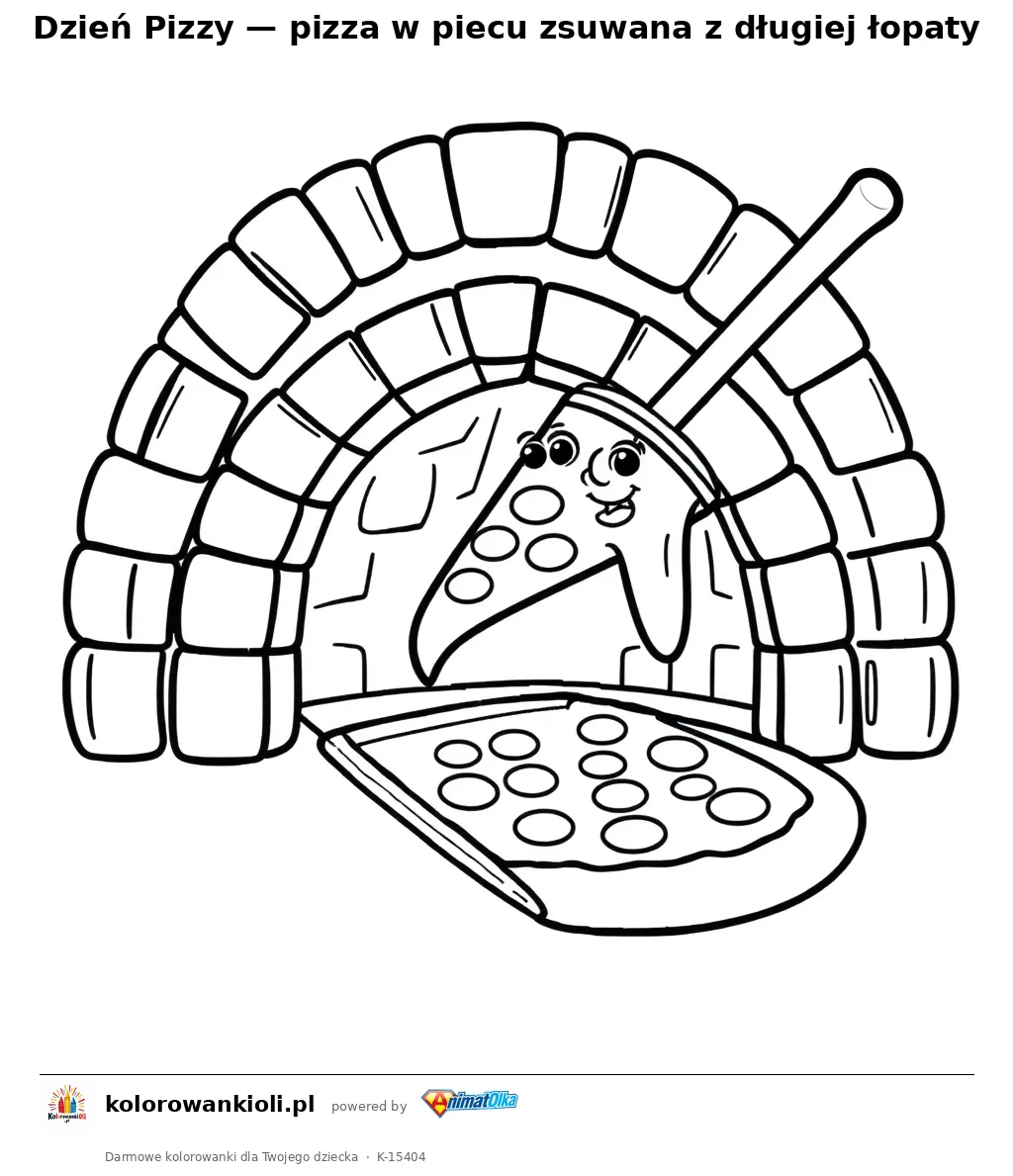 Dzień Pizzy — pizza w piecu zsuwana z długiej łopaty — kolorowanka do wydruku dla dzieci