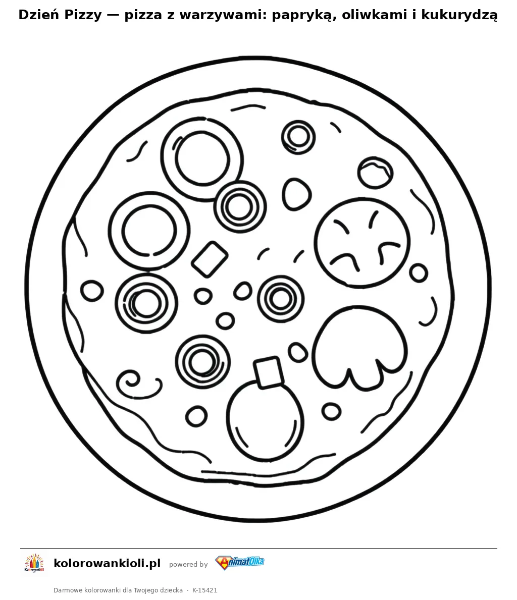 Dzień Pizzy — pizza z warzywami: papryką, oliwkami i kukurydzą — kolorowanka do wydruku dla dzieci