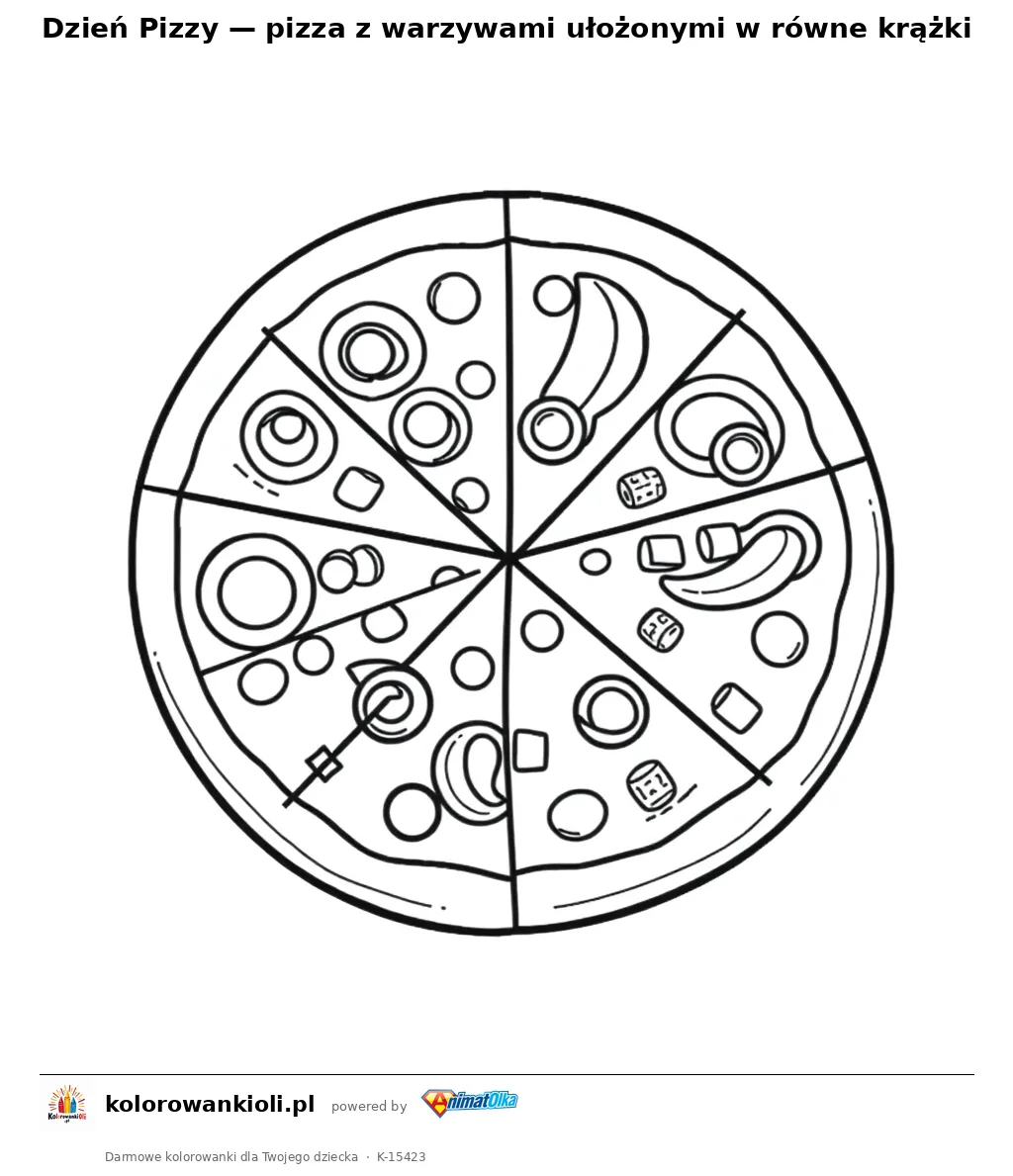 Dzień Pizzy — pizza z warzywami ułożonymi w równe krążki — kolorowanka do wydruku dla dzieci