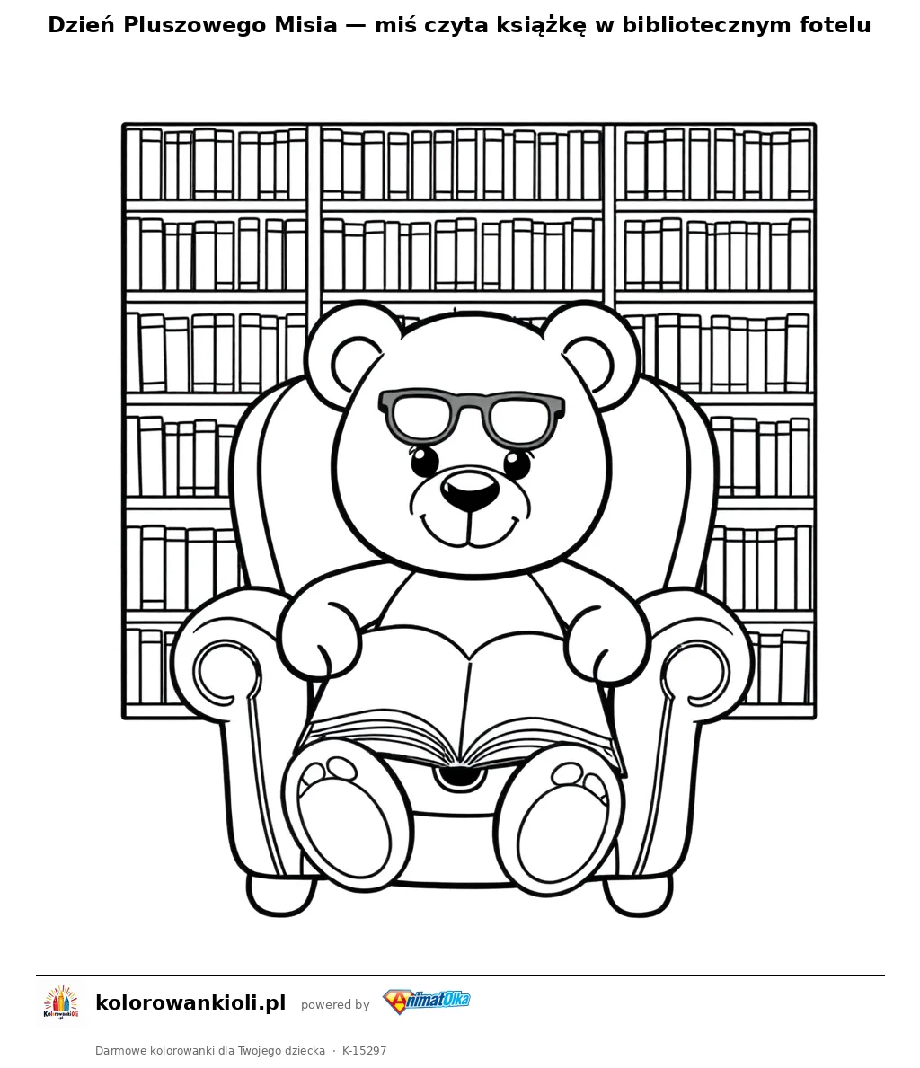 Dzień Pluszowego Misia — miś czyta książkę w bibliotecznym fotelu — kolorowanka do wydruku dla dzieci