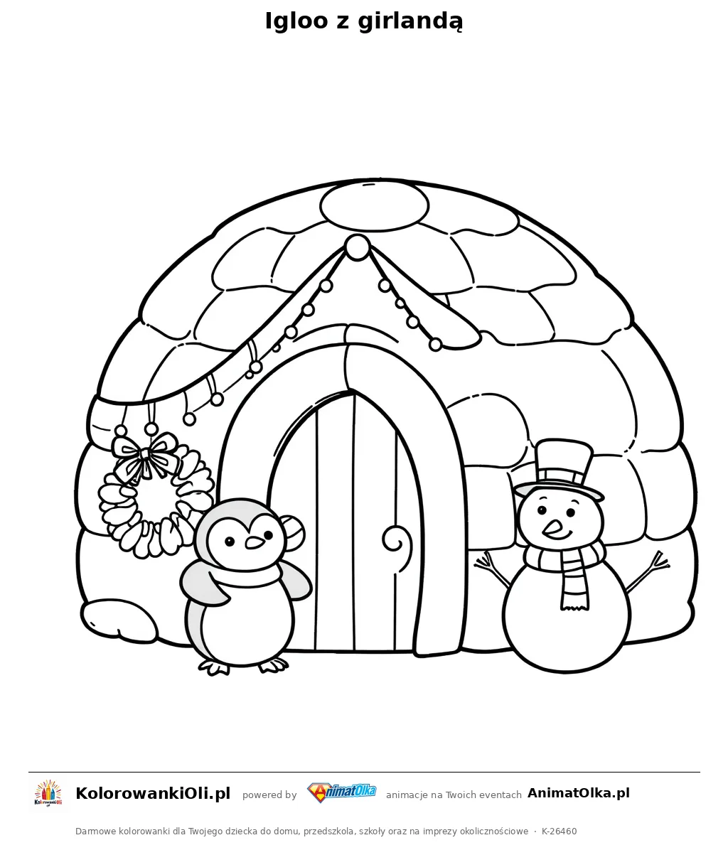 Igloo z girlandą — kolorowanka na Sylwestra i Nowy Rok do wydruku