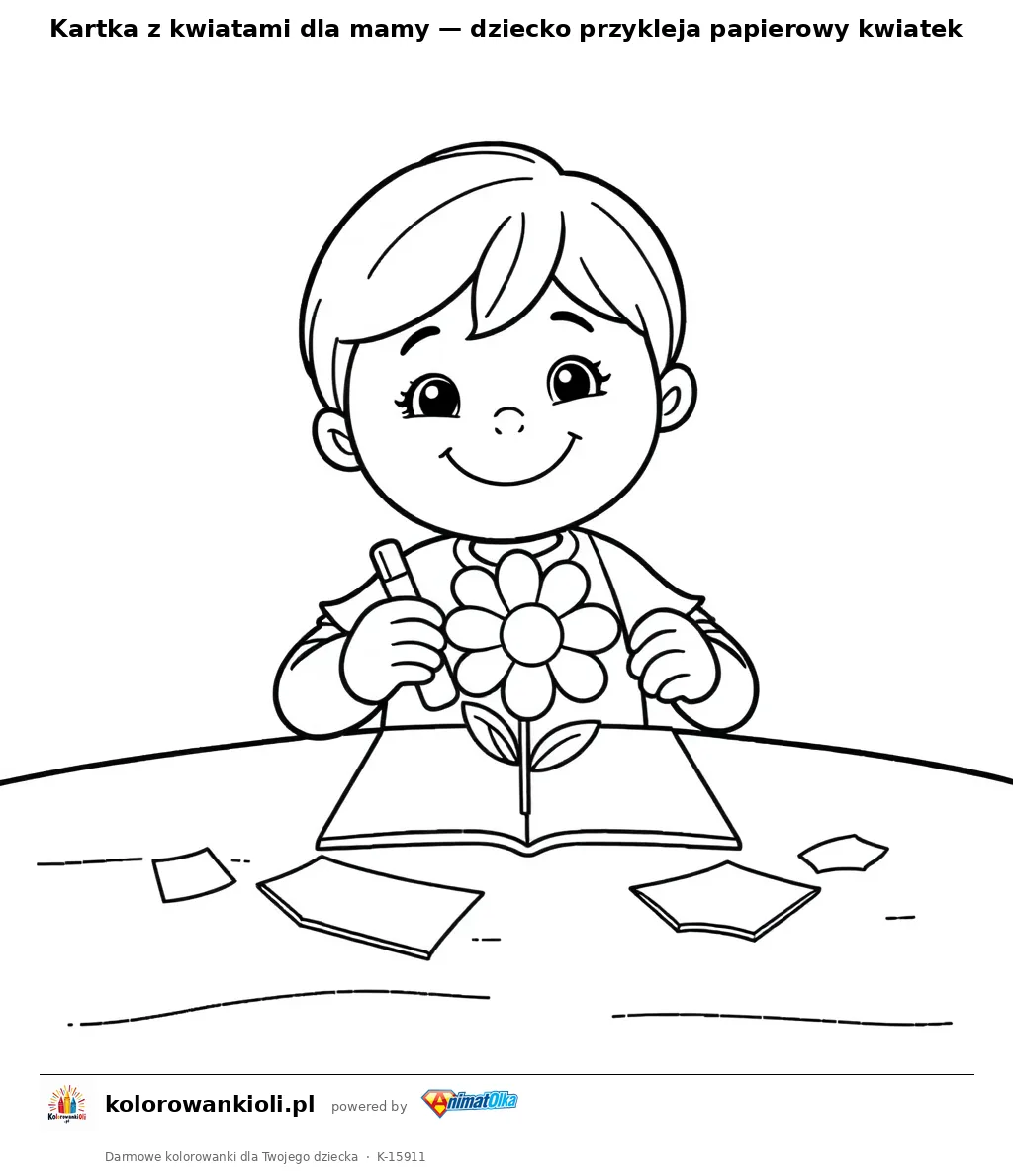 Kartka z kwiatami dla mamy — dziecko przykleja papierowy kwiatek — kolorowanka do wydruku dla dzieci