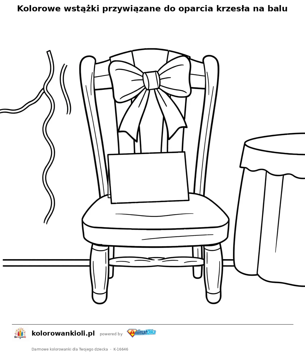 Kolorowe wstążki przywiązane do oparcia krzesła na balu — kolorowanka do wydruku dla dzieci