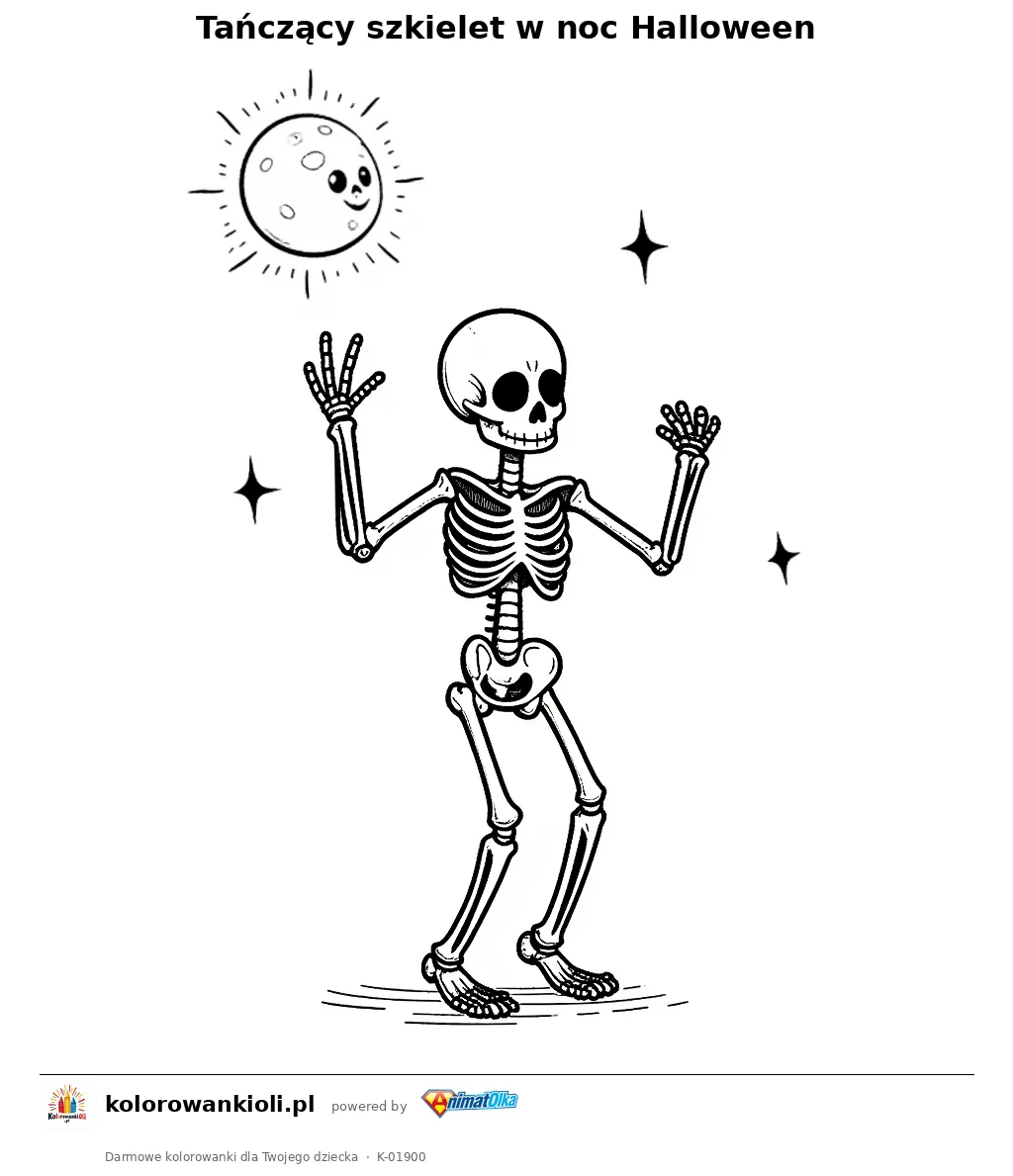 Tańczący szkielet w noc Halloween — kolorowanka do wydruku dla dzieci