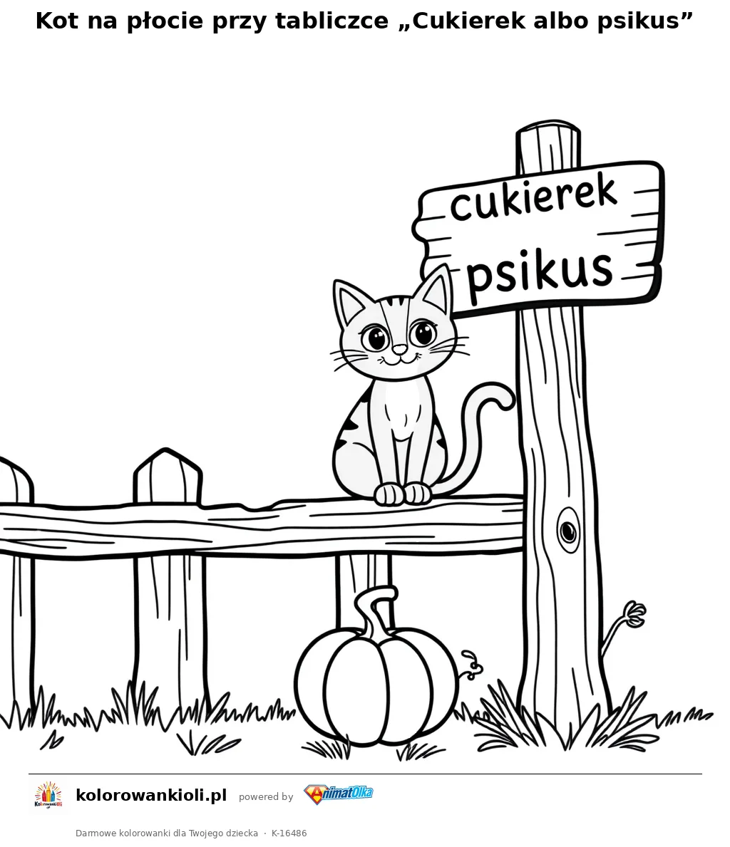 Kot na płocie przy tabliczce „Cukierek albo psikus” — kolorowanka do wydruku dla dzieci