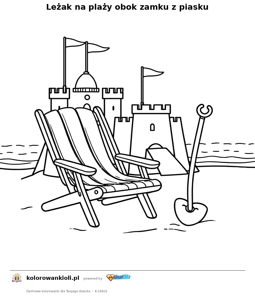 Leżak na plaży obok zamku z piasku — kolorowanka do wydruku dla dzieci