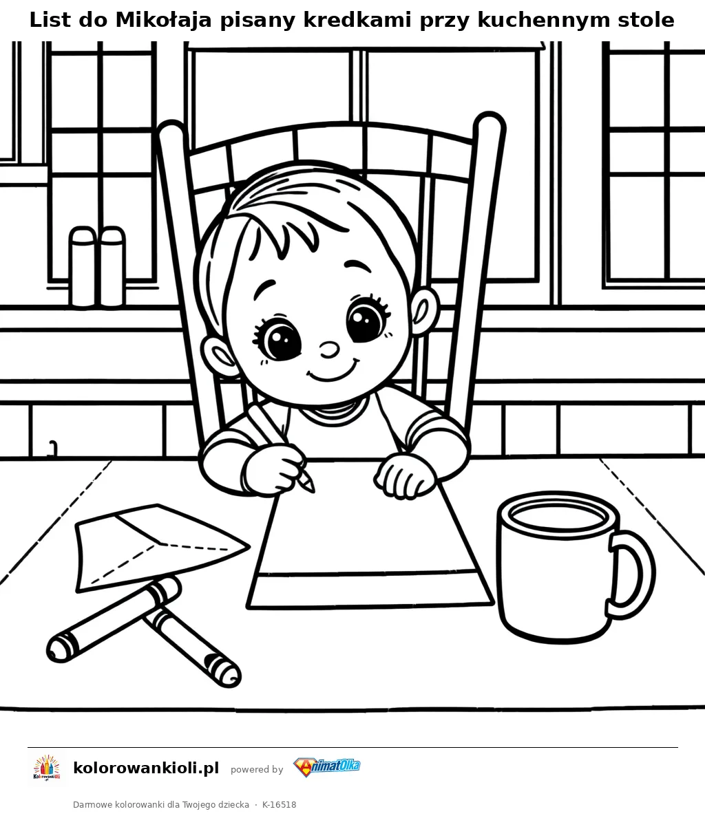 List do Mikołaja pisany kredkami przy kuchennym stole — kolorowanka do wydruku dla dzieci