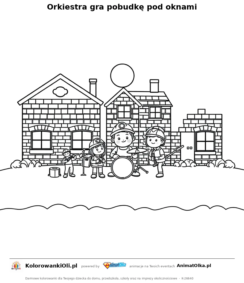 Orkiestra gra pobudkę pod oknami — kolorowanka na Barbórkę i Dzień Górnika do wydruku