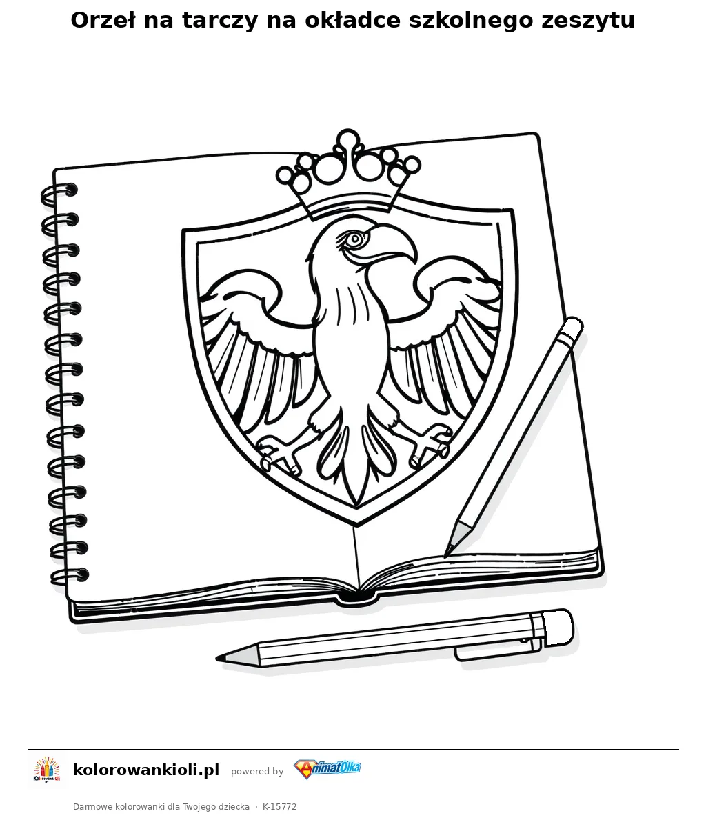 Orzeł na tarczy na okładce szkolnego zeszytu — kolorowanka do wydruku dla dzieci
