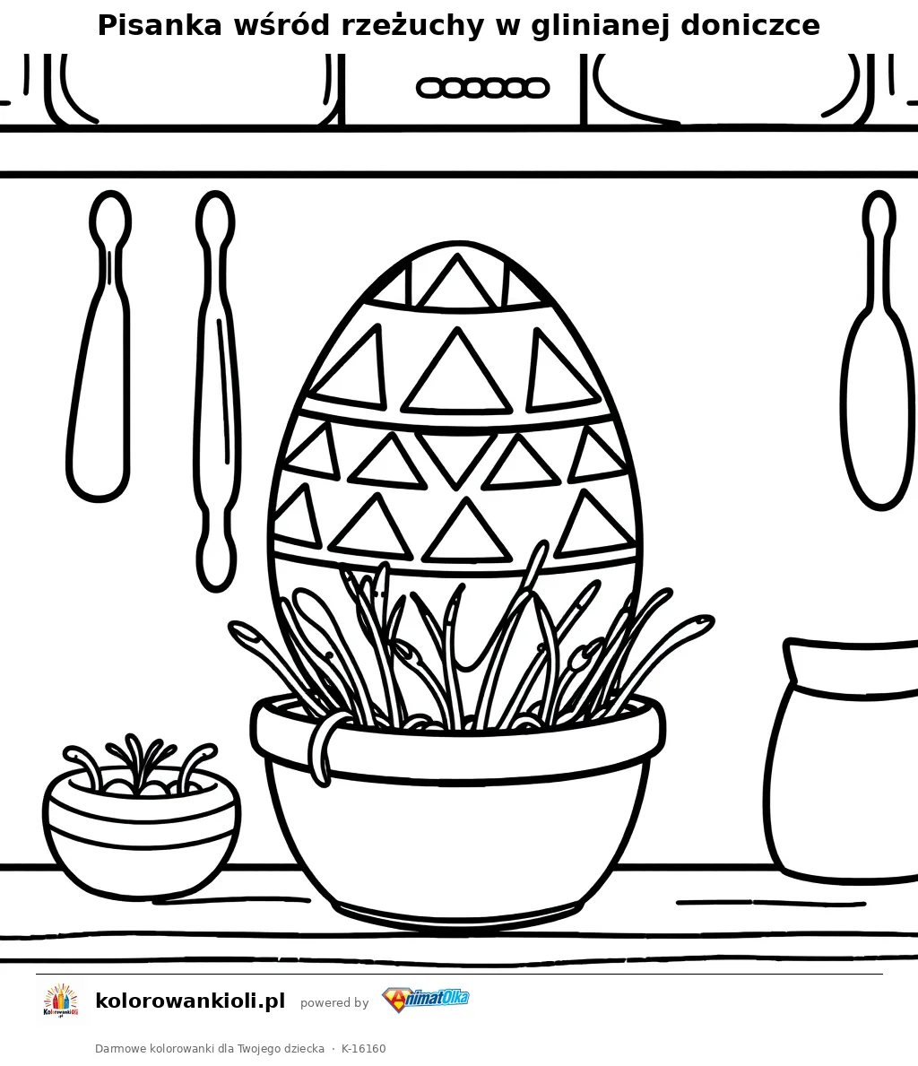 Pisanka wśród rzeżuchy w glinianej doniczce — kolorowanka do wydruku dla dzieci