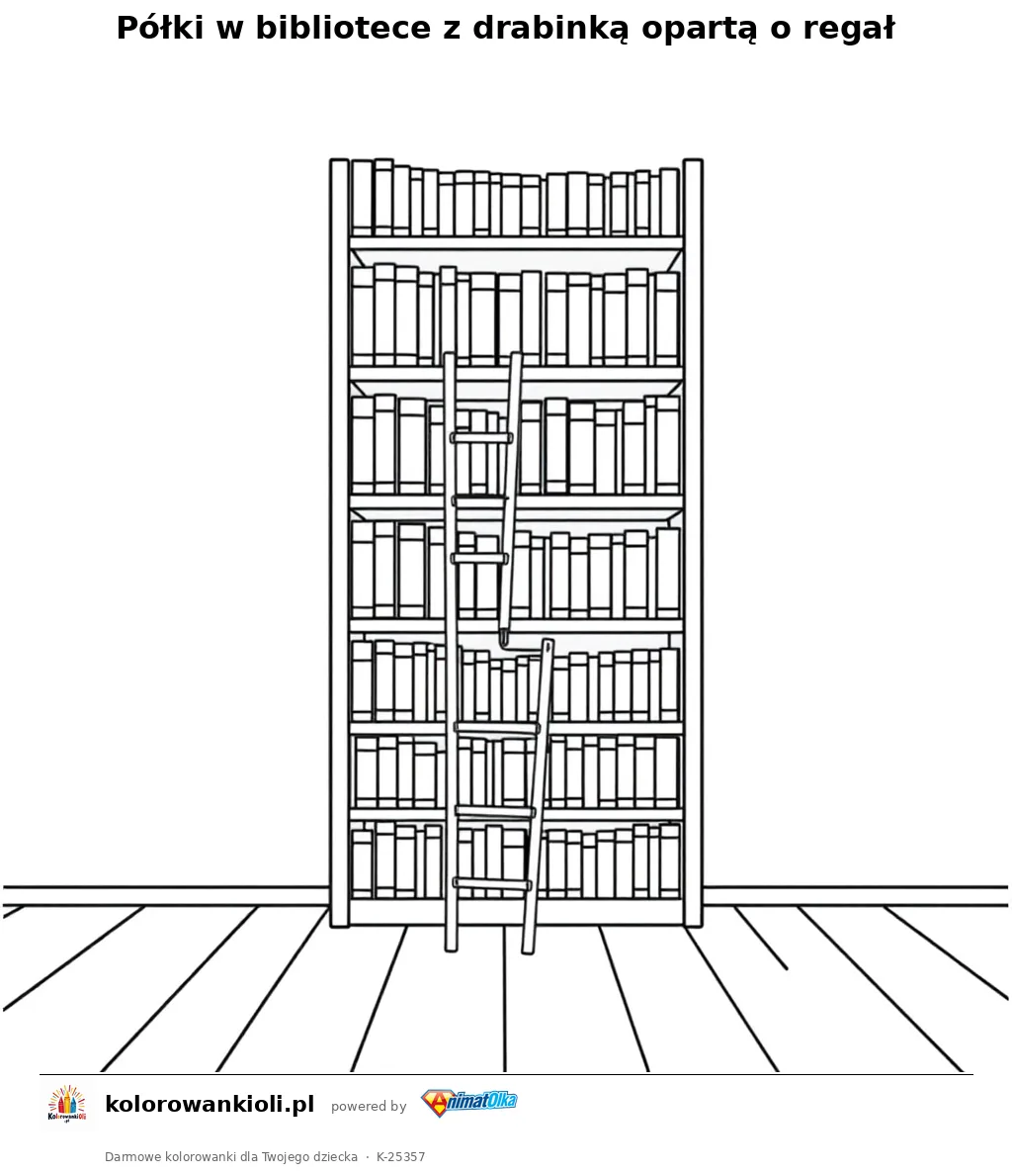 Półki w bibliotece z drabinką opartą o regał — kolorowanka do wydruku dla dzieci