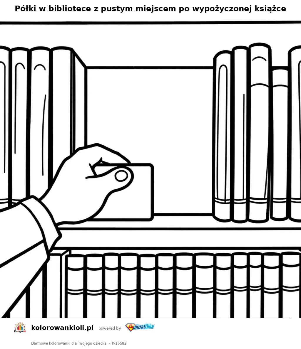 Półki w bibliotece z pustym miejscem po wypożyczonej książce — kolorowanka do wydruku dla dzieci