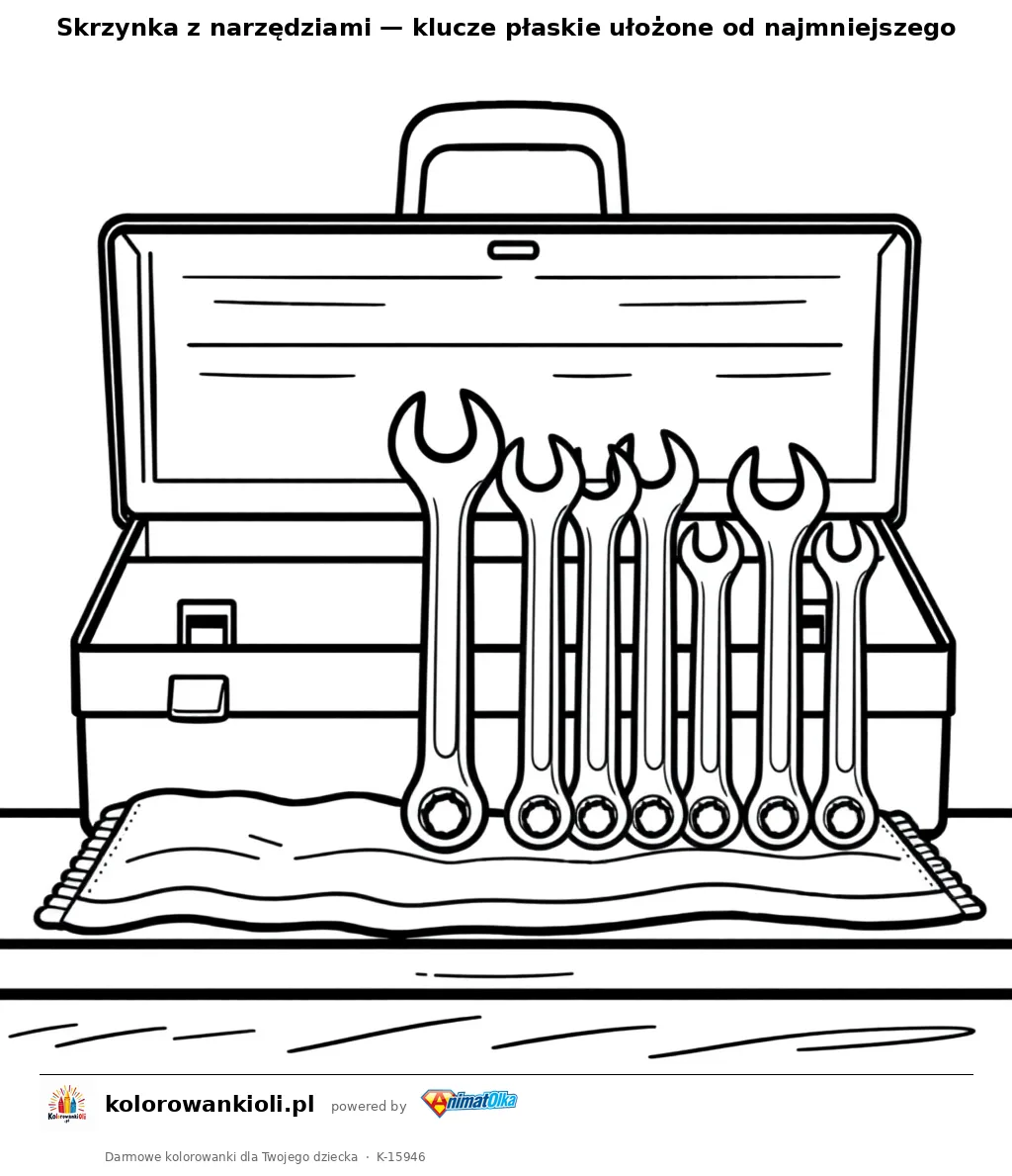 Skrzynka z narzędziami — klucze płaskie ułożone od najmniejszego — kolorowanka do wydruku dla dzieci