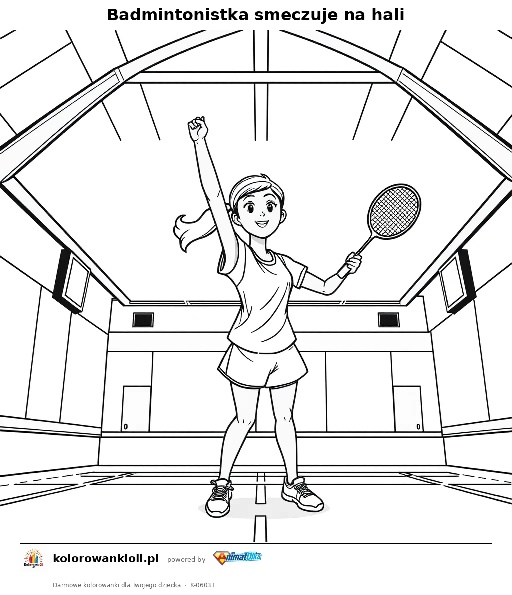 Badmintonistka smeczuje na hali — kolorowanka do wydruku dla dzieci