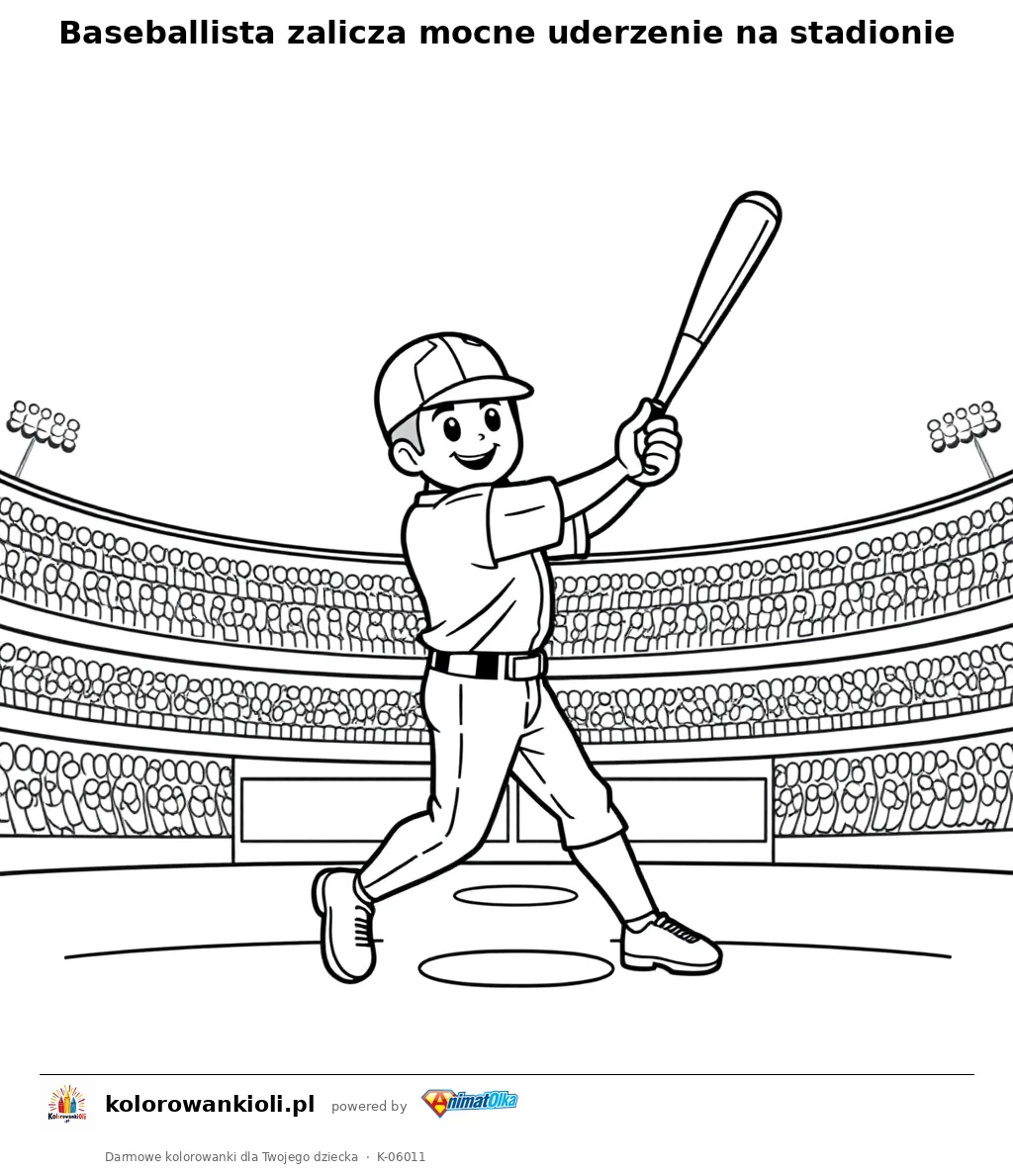 Baseballista zalicza mocne uderzenie na stadionie — kolorowanka do wydruku dla dzieci