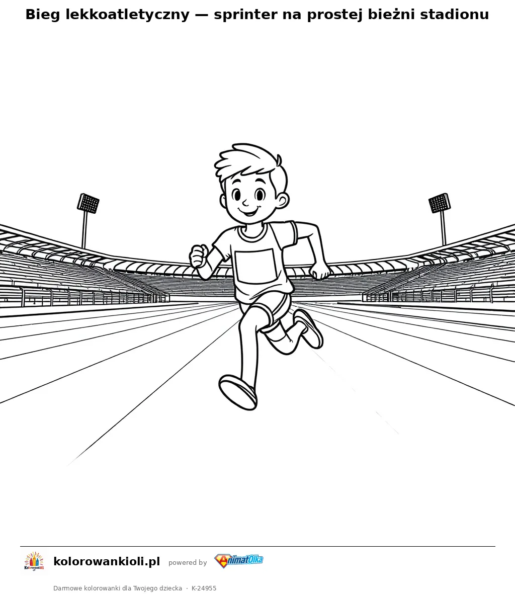 Bieg lekkoatletyczny — sprinter na prostej bieżni stadionu — kolorowanka do wydruku dla dzieci