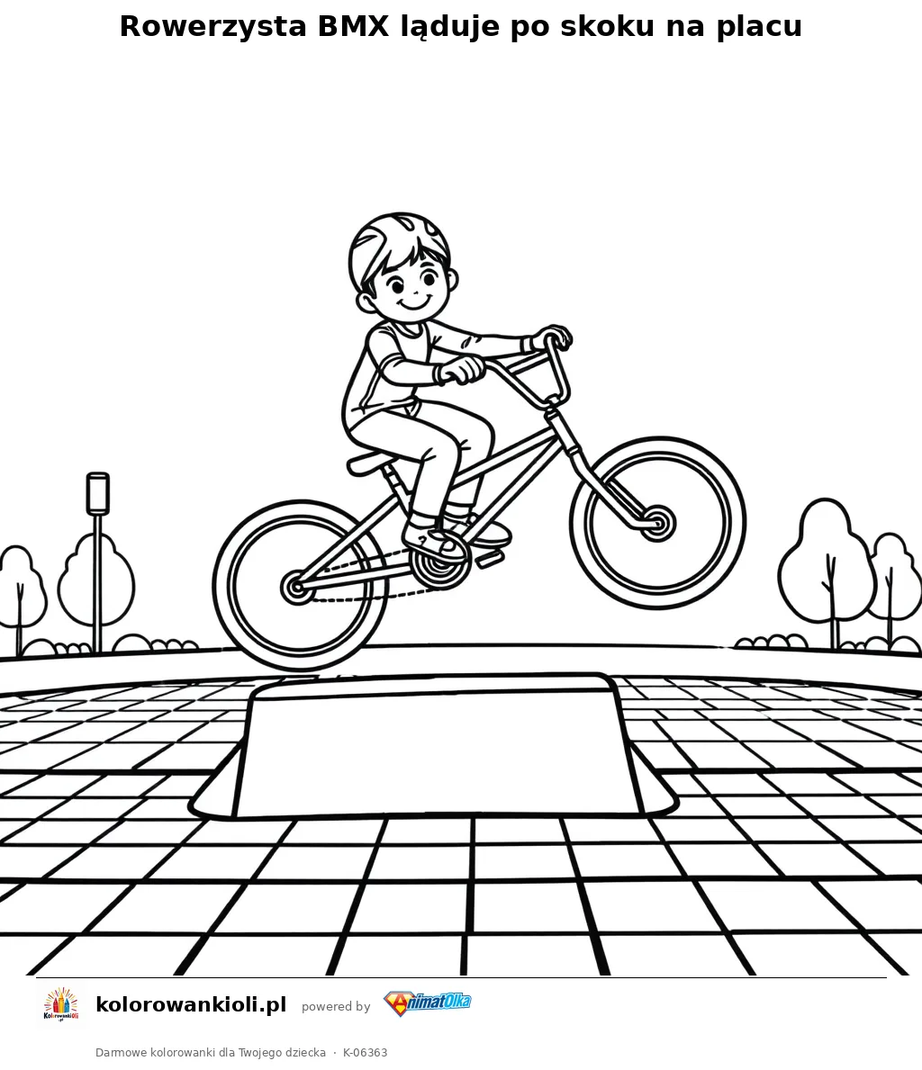 Rowerzysta BMX ląduje po skoku na placu — kolorowanka do wydruku dla dzieci