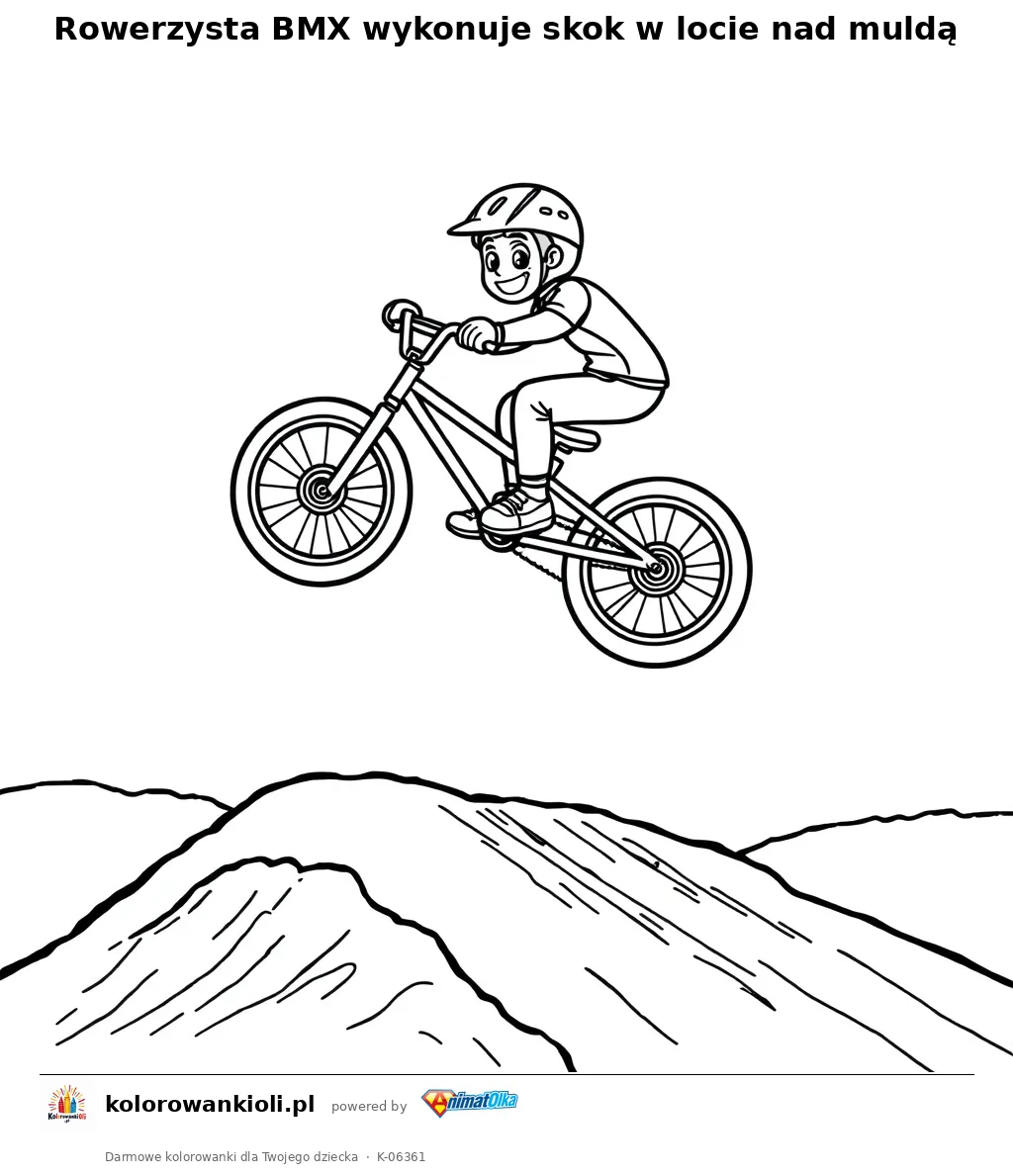 Rowerzysta BMX wykonuje skok w locie nad muldą — kolorowanka do wydruku dla dzieci