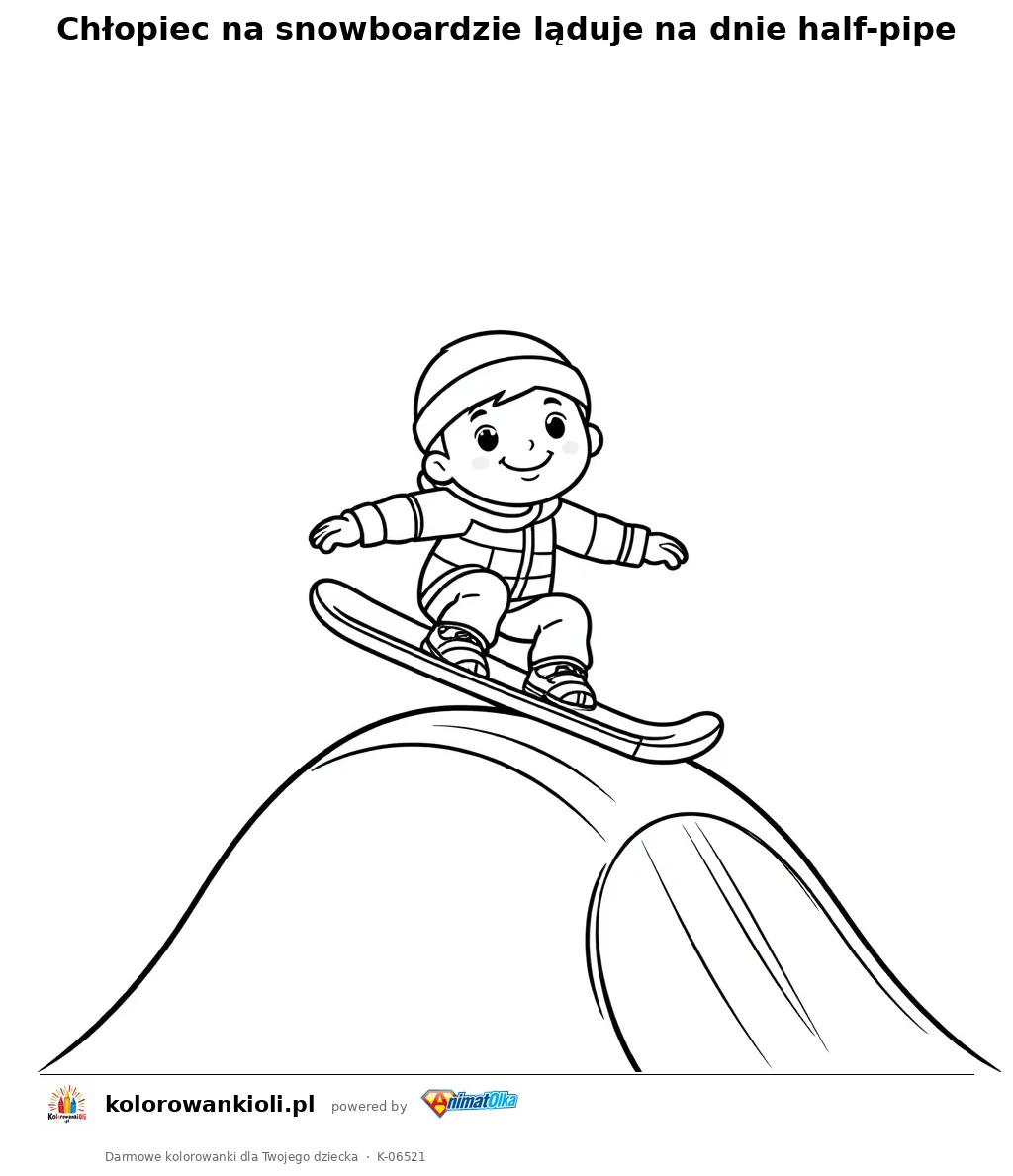 Chłopiec na snowboardzie ląduje na dnie half-pipe — kolorowanka do wydruku dla dzieci